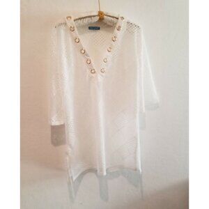 Blue Island Grommet V-Neck Crochet Tunic Top XL Swim Cover Up Side Slit White